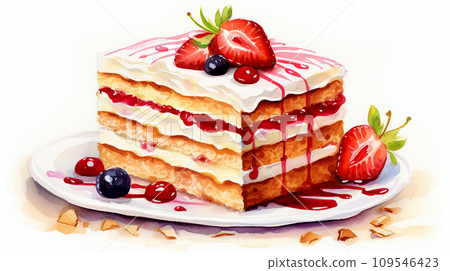 Piece of cake with strawberry and blueberry on a white plate. Piece of cake with strawberry and blueberry on a white plate. 109546423