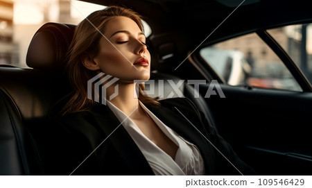 A fallen asleep businesswoman is resting in the back seat of a car.  109546429