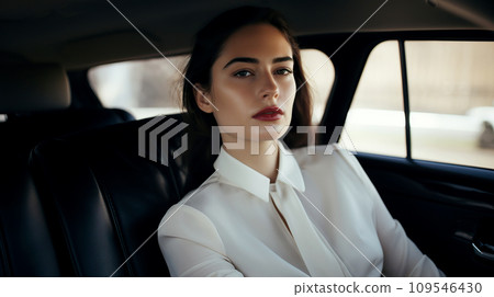 A purposeful cute girl in a white shirt is driving. 109546430