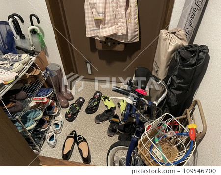 The entrance of a rental apartment is narrow and full of shoes. The entrance of a rental apartment is narrow and full of shoes. 109546700