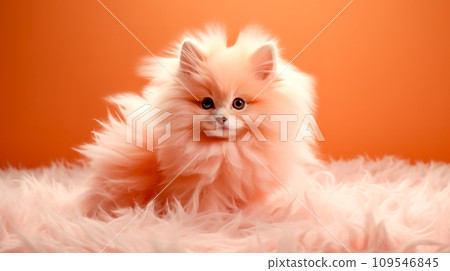 AI-generated content. in peach color, cute little furry dog on the carpet, 2024 Banner 109546845