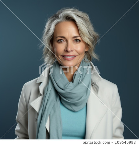 Woman in a white winter coat. Studio portrait of a middle aged woman in a white winter jacket smiling on a blue background looking at the camera. Happy european woman wearing warm winter clothes. 109546998