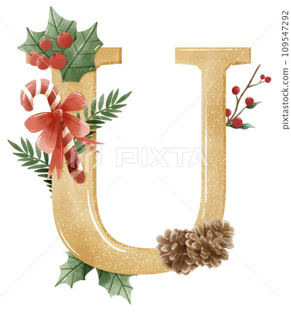 Watercolor Gold Christmas Winter forest Floral Alphabet with bell, pine, holy berry 109547292