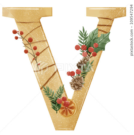 Watercolor Gold Christmas Winter forest Floral Alphabet with bell, pine, holy berry Watercolor Gold Christmas Winter forest Floral Alphabet with bell, pine, holy berry 109547294