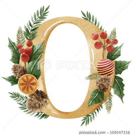 Watercolor Gold Christmas Winter forest Floral Alphabet with bell, pine, holy berry 109547338