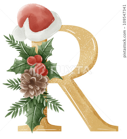 Watercolor Gold Christmas Winter forest Floral Alphabet with bell, pine, holy berry 109547341