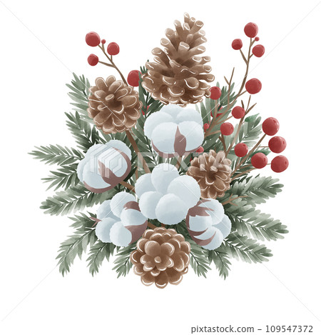 Watercolor Christmas Cotton pine cone holly Bouquet hand drawn illustration 109547372