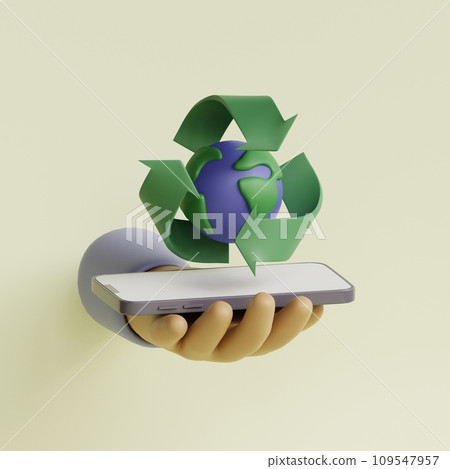 Cartoon hand hold smartphone with earth and recycle sign. Save the world, use recycle product concept. 3d render illustration Cartoon hand hold smartphone with earth and recycle sign. Save the world, use recycle product concept. 3d render illustration 109547957