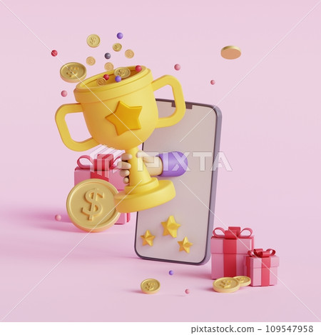 Smartphone with trophy cup and presents. 3d render illustration Smartphone with trophy cup and presents. 3d render illustration 109547958