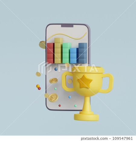 Mobile phone funding business graph with prize. Graph growing business concept for finance, business investment, trading. 3d render illustration Mobile phone funding business graph with prize. Graph growing business concept for finance, business investment, trading. 3d render illustration 109547961