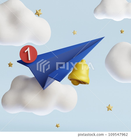Paper plane with bell notification. Send message concept. 3d render illustration Paper plane with bell notification. Send message concept. 3d render illustration 109547962