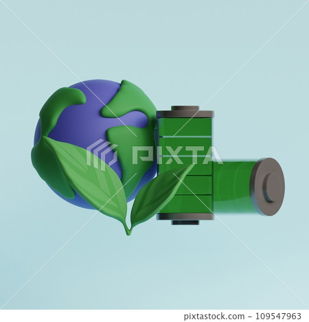 Earth planet, green battery and leaves. National Battery Day. 3d render illustration 109547963