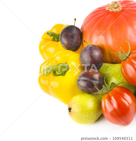 Set of vegetables and fruits isolated on a white. Free space for text. Set of vegetables and fruits isolated on a white. Free space for text. 109548311