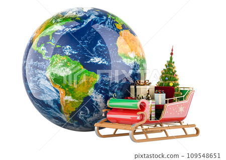 Christmas Santa Sleigh full of gifts and Earth Globe. 3D rendering 109548651