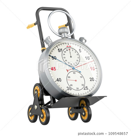 Hand truck with stopwatch. Fast delivery concept, 3D rendering Hand truck with stopwatch. Fast delivery concept, 3D rendering 109548657