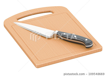 Wooden cutting board with knife, 3D rendering 109548669