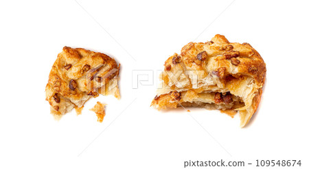Maple Pecan Puff Pastry Isolated, Danish Plaits Pastries with Maple Syrup and Pecan Nuts, Breakfast Bakery Maple Pecan Puff Pastry Isolated, Danish Plaits Pastries with Maple Syrup and Pecan Nuts, Breakfast Bakery 109548674