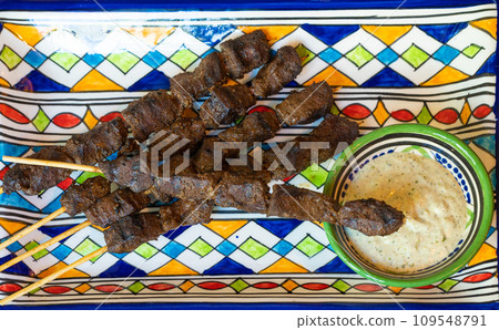 Moroccan Beef Kebab on Skewers, Traditional Arabian Food, Mutton Shashlik, Skewered Grilled Veal Meat 109548791