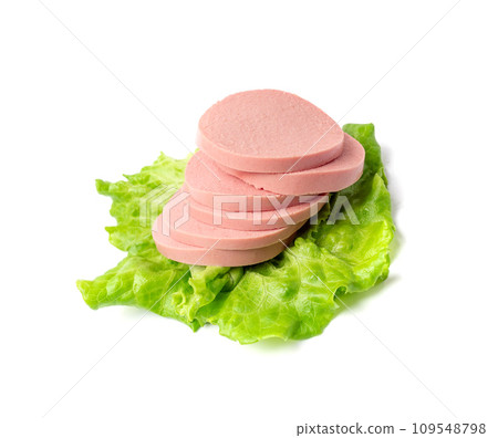 Mortadella Slice Isolated, Luncheon Meat Cut, Chicken Ham, Boiled Sausage for Breakfast 109548798