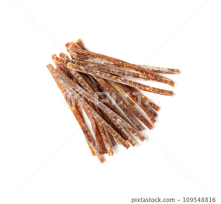 Meat Jerky Isolated, Dry Salted Chicken Slices, Small Pieces of Dehydrated Beef, Beer Snacks, Dried Pork Meat Jerky Isolated, Dry Salted Chicken Slices, Small Pieces of Dehydrated Beef, Beer Snacks, Dried Pork 109548816