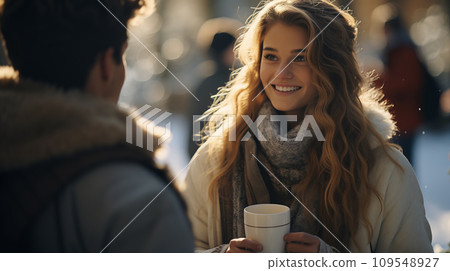 AI-generated content. A happy young women and men stand in a winter park, holding white mugs, daylight 109548927