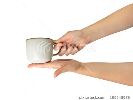 Empty Cup in Hands Isolated, Hand Holds Cup, Coffee Mug, Teacup, Hot Beverage Mockup, Grey Cup in Arms 109548976