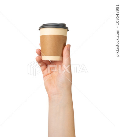 Hand Holds Cup Isolated, Empty Paper Cup in Hands, Coffee Mug, Teacup, Hot Beverage Mockup 109548981