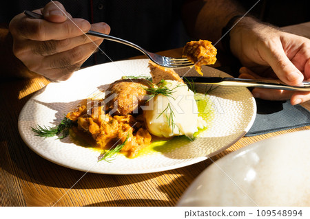 Breaded Meat Cutlets with Mashed Potatoes and Stewed Cabbage Garnish, Restaurant Main Course 109548994