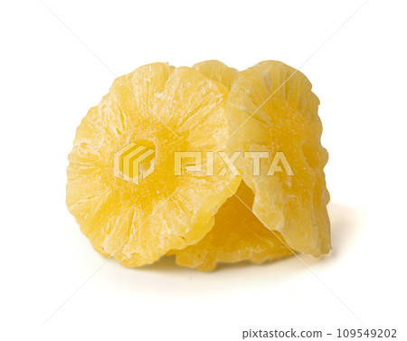 Dry Pineapple Rings Isolated, Candy Pineapples, Dehydrated Yellow Sugar Fruit, Candied Fruits Circles 109549202