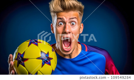 AI-generated content. expression of astonishment and surprise at young football player face, blue banner, soccer ball 109549284