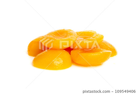 Canned Peaches, Apricot Halves in Syrup, Yellow Fruit Dessert, Tinned Nectarine Compote Canned Peaches, Apricot Halves in Syrup, Yellow Fruit Dessert, Tinned Nectarine Compote 109549406