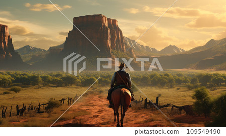 Lone cowboy riding horse on rocks background, man wearing hats and vintage outfit alone in prairie. American west landscape with rider. Concept of wild, country, adventure 109549490