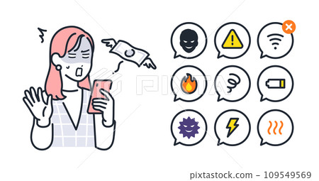 Simple vector icon illustration set material of smartphone trouble and young woman Simple vector icon illustration set material of smartphone trouble and young woman 109549569