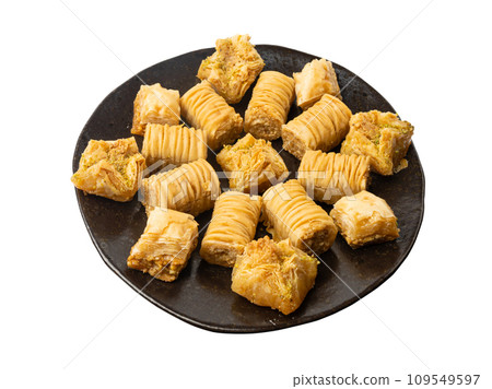 Baklava Isolated, Small Ramadan Dessert, Eastern Sweet Filo Pastries, Turkish Honey Baklawa, Oriental Desert 109549597