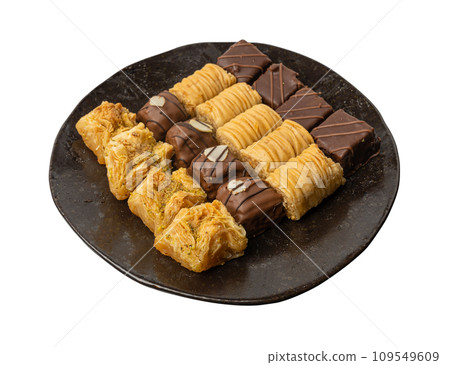 Baklava Isolated, Small Ramadan Dessert, Eastern Sweet Filo Pastries, Turkish Honey Baklawa, Oriental Desert 109549609