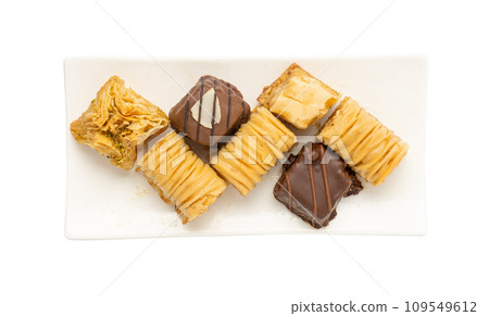 Baklava Isolated, Small Ramadan Dessert, Eastern Sweet Filo Pastries, Turkish Honey Baklawa, Oriental Desert 109549612