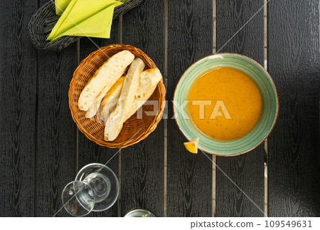 Red Lentil Soup, Yellow Cream Puree, Ramadan Food, Pumpkin Vegetarian Dish, Orange Lentil Soup in Bowl 109549631