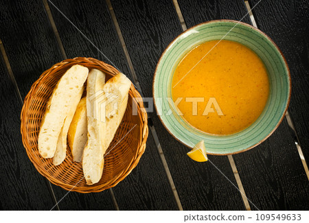 Red Lentil Soup, Yellow Cream Puree, Ramadan Food, Pumpkin Vegetarian Dish, Orange Lentil Soup in Bowl Red Lentil Soup, Yellow Cream Puree, Ramadan Food, Pumpkin Vegetarian Dish, Orange Lentil Soup in Bowl 109549633