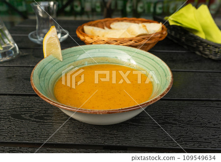 Red Lentil Soup, Yellow Cream Puree, Ramadan Food, Pumpkin Vegetarian Dish, Orange Lentil Soup in Bowl 109549634