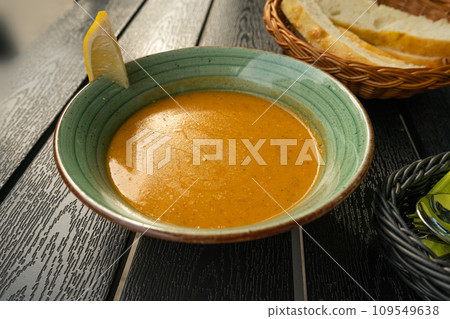 Red Lentil Soup, Yellow Cream Puree, Ramadan Food, Pumpkin Vegetarian Dish, Orange Lentil Soup in Bowl 109549638