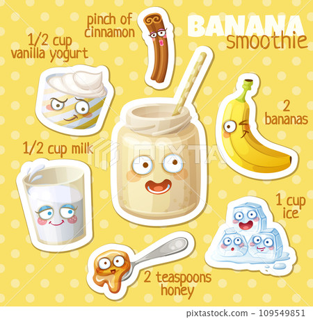 Smoothie recipe illustration with funny characters. Milkshake ingredients cartoon vector icons 109549851