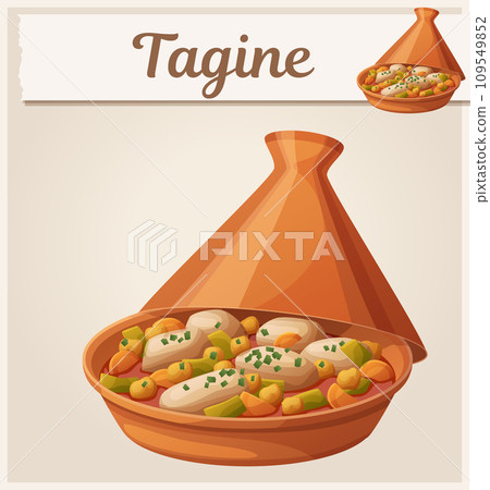 Tagine with chicken meat and vegetables icon. Cartoon vector food illustration 109549852