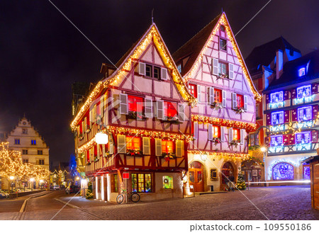Christmas street at night, Colmar, Alsace, France 109550186