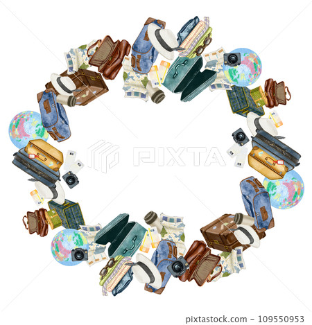 Suitcases, bags, backpacks, globe, and other travel items. Circle-shaped frame with tourist attributes. For the design of advertising and goods, products and services of the tourism business. Png Suitcases, bags, backpacks, globe, and other travel items. Circle-shaped frame with tourist attributes. For the design of advertising and goods, products and services of the tourism business. Png 109550953