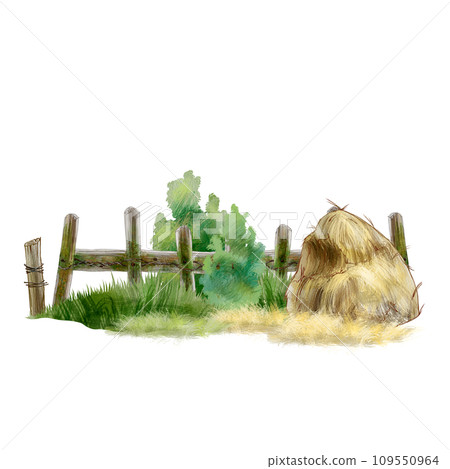Rural landscape with a haystack. An old wooden fence next to a haystack and bushes surrounded by grass. For printing books, packaging, advertising natural products. etc. Landscape of a village or farm Rural landscape with a haystack. An old wooden fence next to a haystack and bushes surrounded by grass. For printing books, packaging, advertising natural products. etc. Landscape of a village or farm 109550964
