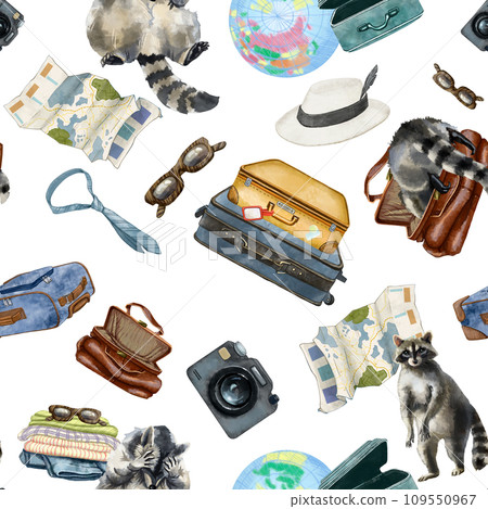 Raccoons travelers with luggage.Bags, suitcases, camera, road map, sunglasses and other travel items. Seamless pattern for printing on fabric, wallpaper, wrapping paper.Theme of tourism and recreation 109550967