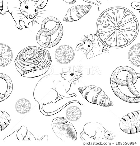 Mice, rats, oranges and pastries. Buns, croissants, rolls, pies, pretzels and other baked goods. Seamless pattern with graphic illustration. For printing on wallpaper, fabric, wrapping paper. 109550984