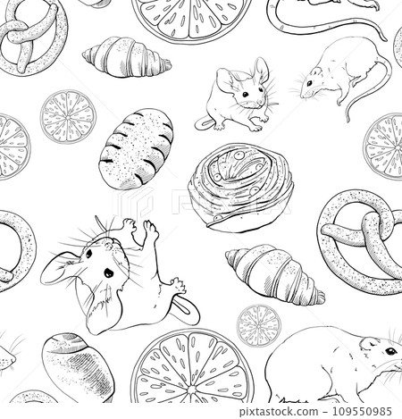 Mice, rats, oranges and pastries. Buns, croissants, rolls, pies, pretzels and other baked goods. Seamless pattern with graphic illustration. For printing on wallpaper, fabric, wrapping paper. Mice, rats, oranges and pastries. Buns, croissants, rolls, pies, pretzels and other baked goods. Seamless pattern with graphic illustration. For printing on wallpaper, fabric, wrapping paper. 109550985