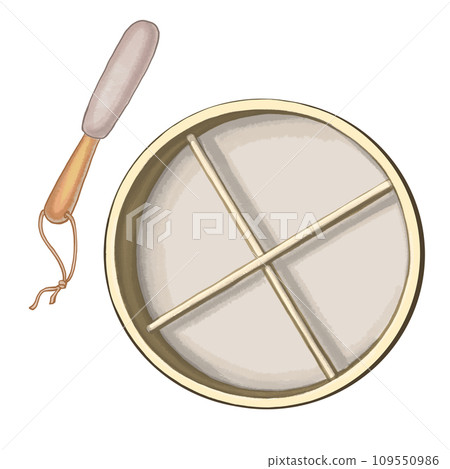 Musical instrument tambourine and hammer. Shaman's drum, rear view. Color illustration. For printing on items, booklets, business cards and website designs. Tambourine for shaman and music playing. 109550986