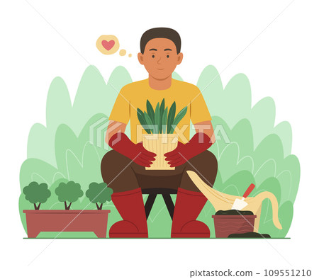Gardener Man Planting a Sapling of Tree with Pot in Garden 109551210